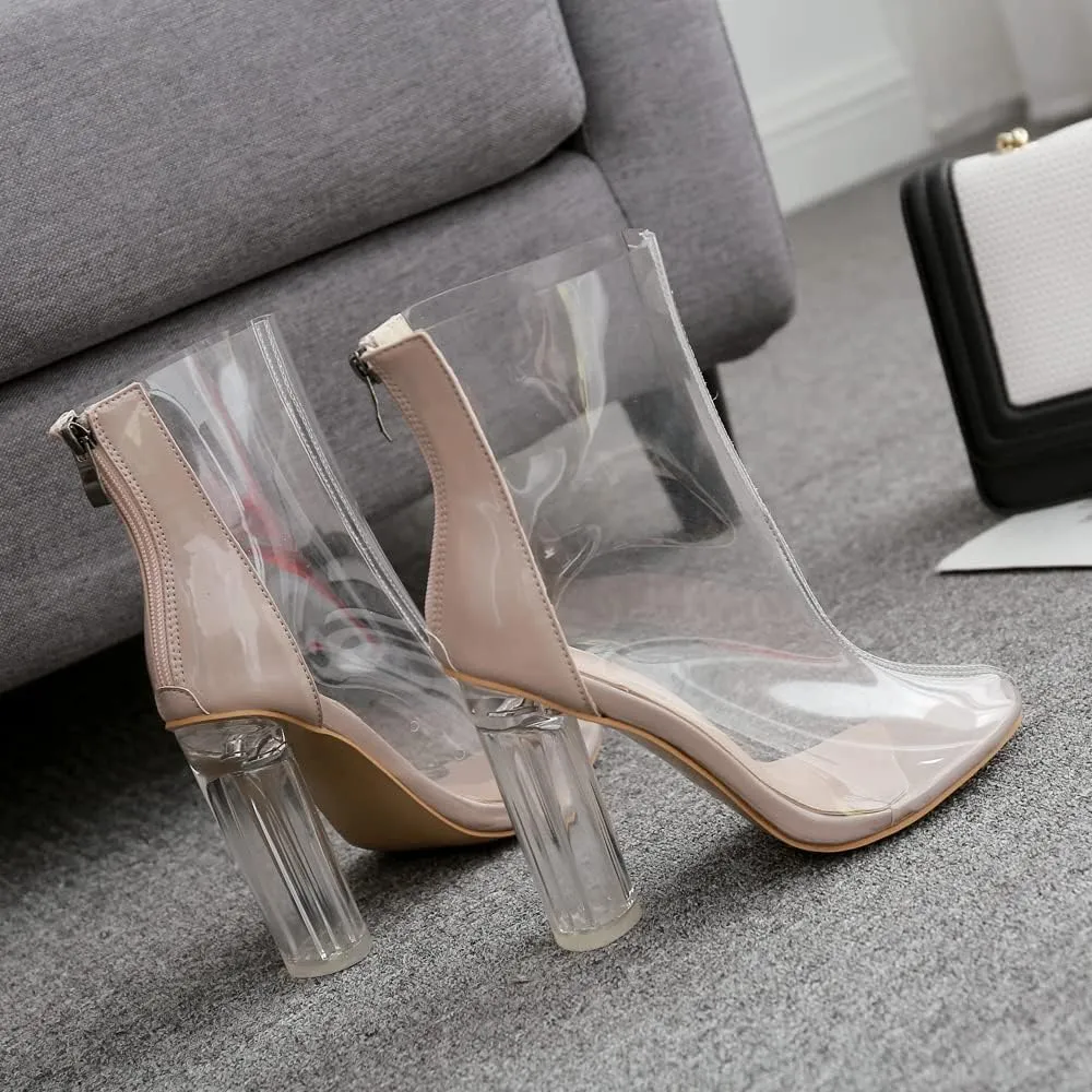 Women's Clear Pvc Chunky Heel Open Toe Booties, Transparent High Heel Peep Toe Boots, Block Summer Ankle Boots Sandals