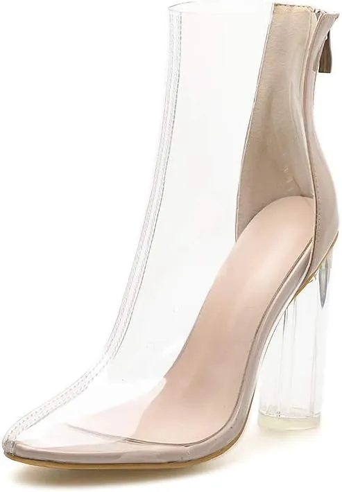 Women's Clear Pvc Chunky Heel Open Toe Booties, Transparent High Heel Peep Toe Boots, Block Summer Ankle Boots Sandals