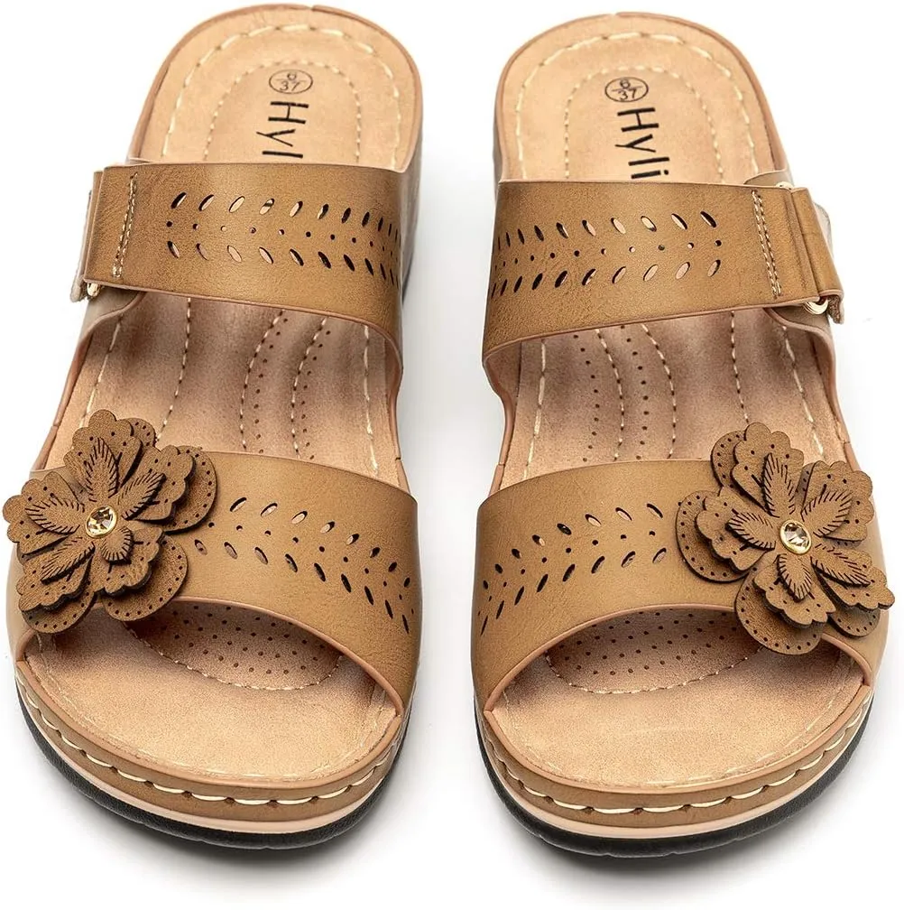 Women's Comfortable Platform Wedges Hook&Loop Adjustable Strappy Flower Black Sandals -Rhinestone Rivets Ladies Indoors Or Outdoors Comfortable Brown Slides For Women