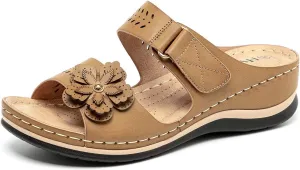 Women's Comfortable Platform Wedges Hook&Loop Adjustable Strappy Flower Black Sandals -Rhinestone Rivets Ladies Indoors Or Outdoors Comfortable Brown Slides For Women