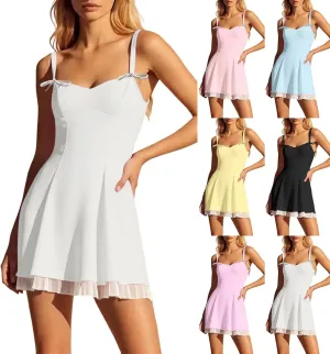 Women's Corset Mini Dress Summer Fashion Y2k Sleeveless Backless Lace Ruffle Solid Color Bow Tie Strap Skater Tank Dress