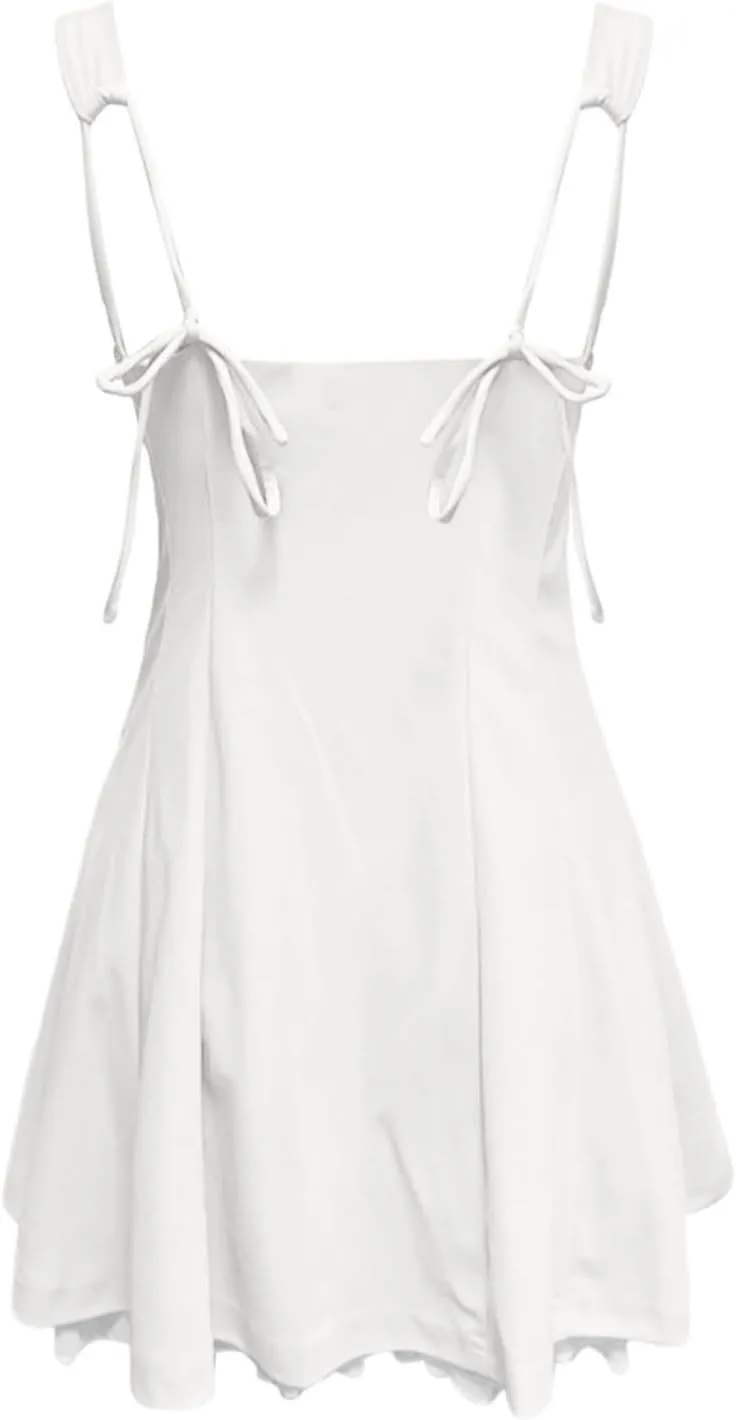 Women's Corset Mini Dress Summer Fashion Y2k Sleeveless Backless Lace Ruffle Solid Color Bow Tie Strap Skater Tank Dress