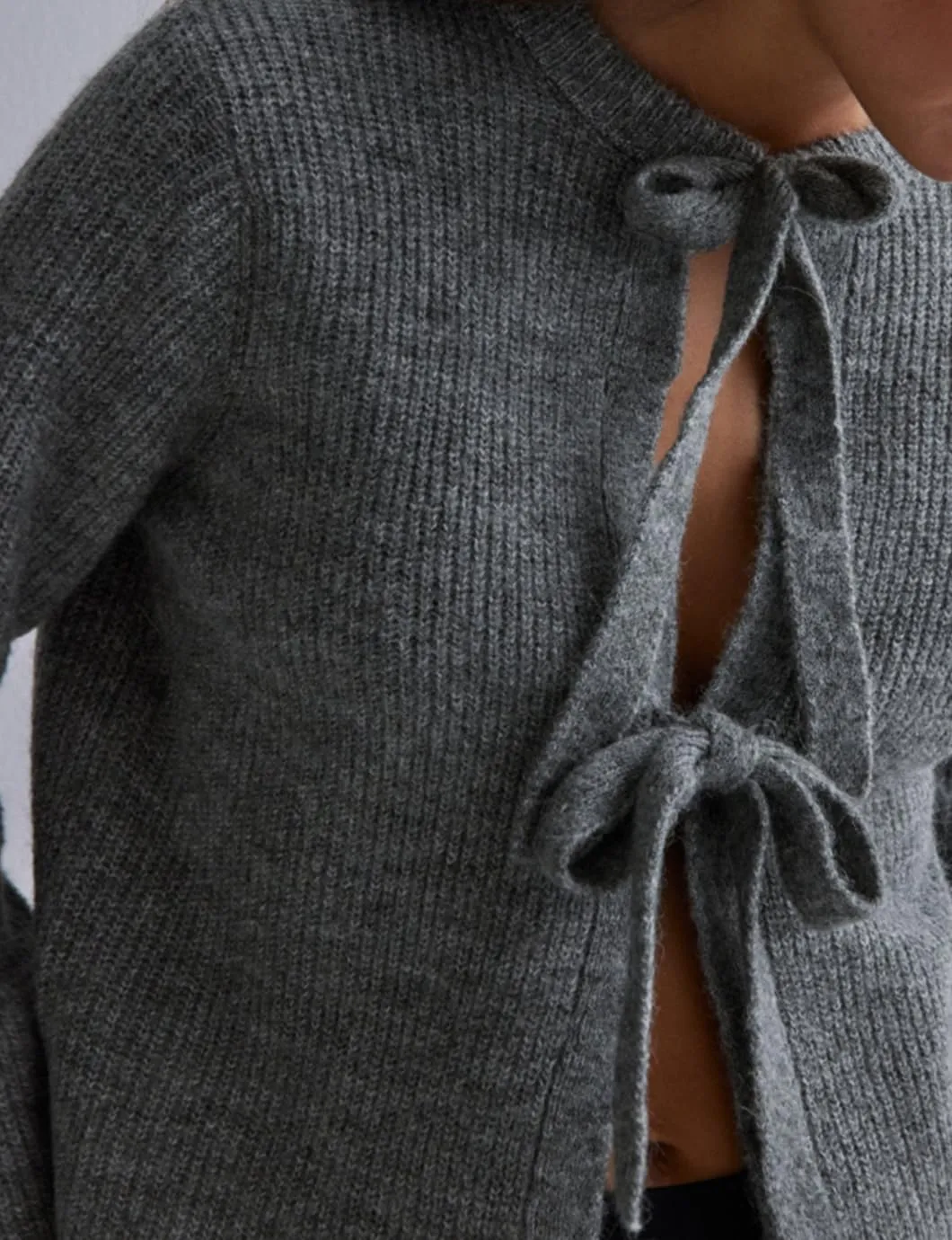 Women's Cropped Ribbed Knit Cardigan Long Sleeve Bow Tie Front Open Front Knitwear Tops