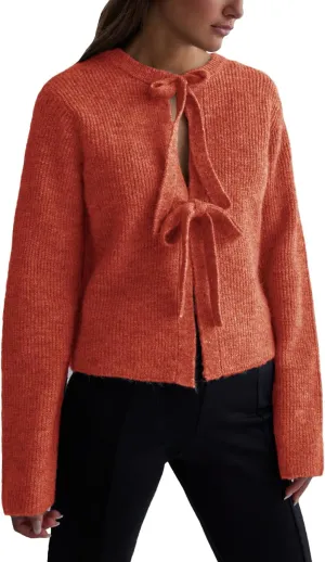 Women's Cropped Ribbed Knit Cardigan Long Sleeve Bow Tie Front Open Front Knitwear Tops