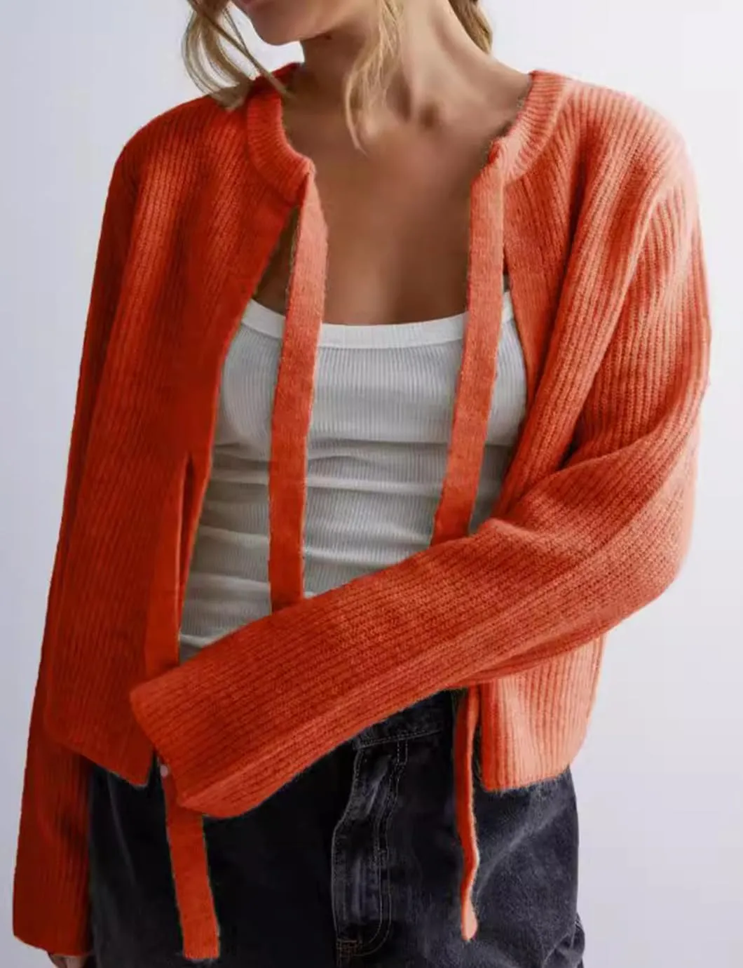 Women's Cropped Ribbed Knit Cardigan Long Sleeve Bow Tie Front Open Front Knitwear Tops