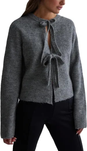 Women's Cropped Ribbed Knit Cardigan Long Sleeve Bow Tie Front Open Front Knitwear Tops