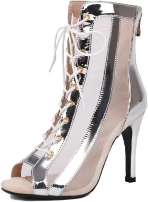 Women's Dance Boots DS118 Peep Toe Lace-up Ankle Dance Booties Latin Ballroom Salsa Heels