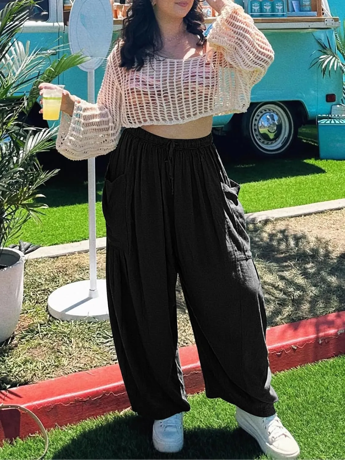 Women's Elastic Pleated High Waisted Wide Leg Pants Loose Casual Cotton Linen Long Lounge Trouser Palazzo Pant