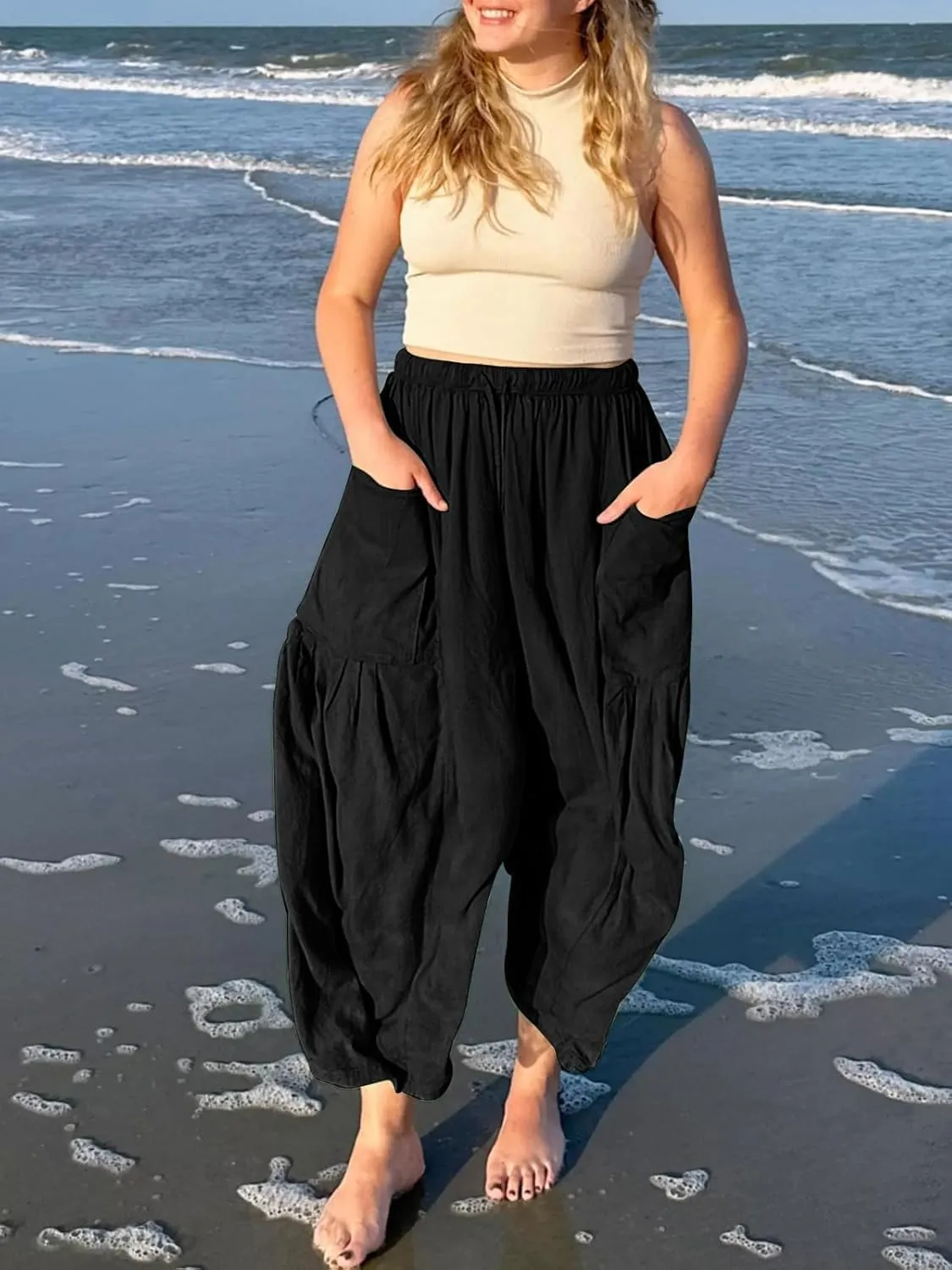 Women's Elastic Pleated High Waisted Wide Leg Pants Loose Casual Cotton Linen Long Lounge Trouser Palazzo Pant