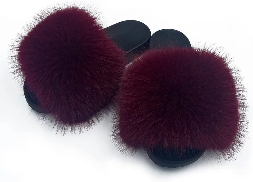 Women's Faux Fur Slides Slippers Fluffy Fuzzy Sandals Open Toe Furry Slide Flip Flop Indoor Outdoor