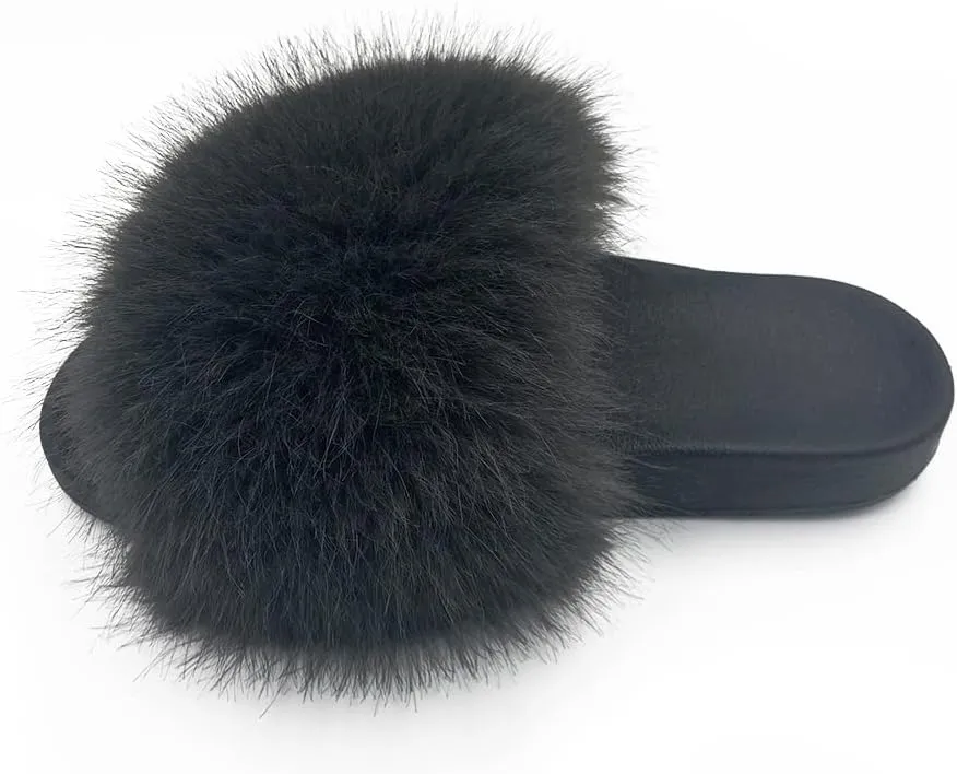 Women's Faux Fur Slides Slippers Fluffy Fuzzy Sandals Open Toe Furry Slide Flip Flop Indoor Outdoor