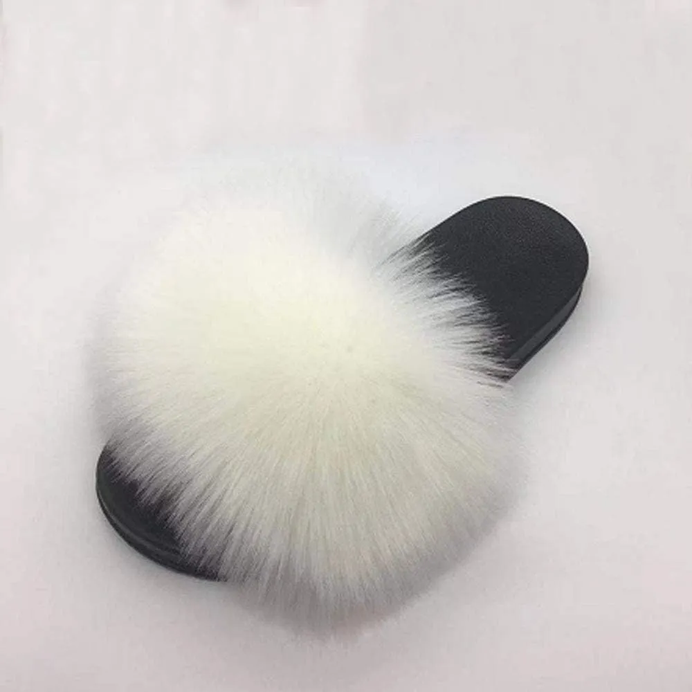 Women's Faux Fur Slides Slippers Fluffy Fuzzy Sandals Open Toe Furry Slide Flip Flop Indoor Outdoor