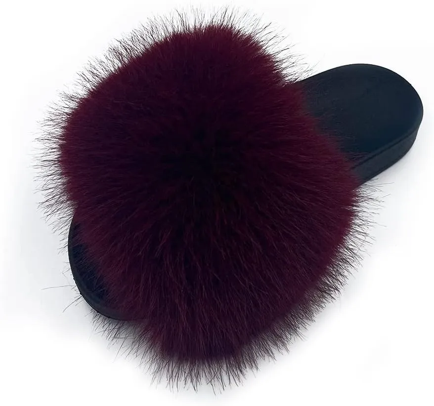 Women's Faux Fur Slides Slippers Fluffy Fuzzy Sandals Open Toe Furry Slide Flip Flop Indoor Outdoor