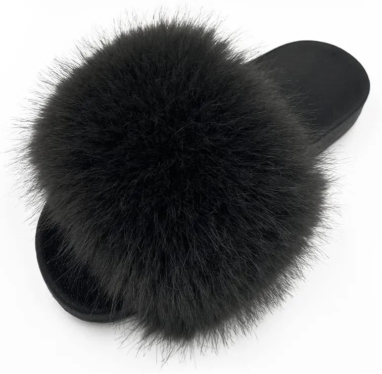 Women's Faux Fur Slides Slippers Fluffy Fuzzy Sandals Open Toe Furry Slide Flip Flop Indoor Outdoor