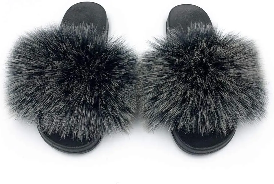 Women's Faux Fur Slides Slippers Fluffy Fuzzy Sandals Open Toe Furry Slide Flip Flop Indoor Outdoor