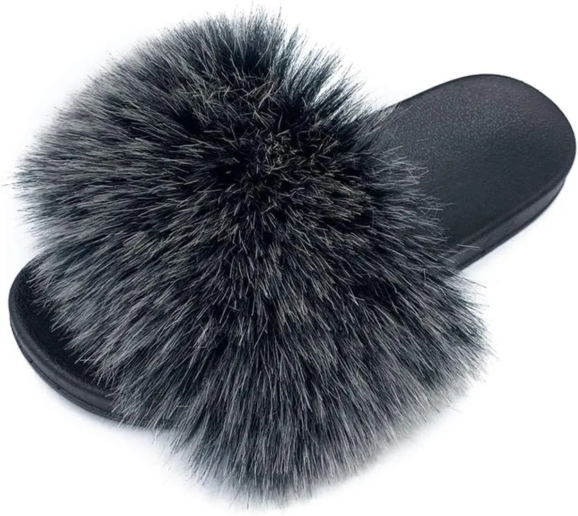 Women's Faux Fur Slides Slippers Fluffy Fuzzy Sandals Open Toe Furry Slide Flip Flop Indoor Outdoor
