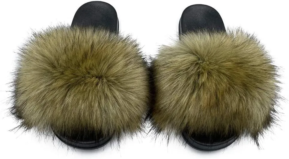 Women's Faux Fur Slides Slippers Fluffy Fuzzy Sandals Open Toe Furry Slide Flip Flop Indoor Outdoor