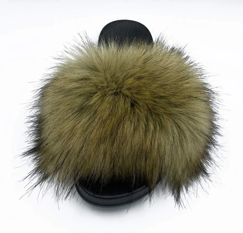 Women's Faux Fur Slides Slippers Fluffy Fuzzy Sandals Open Toe Furry Slide Flip Flop Indoor Outdoor