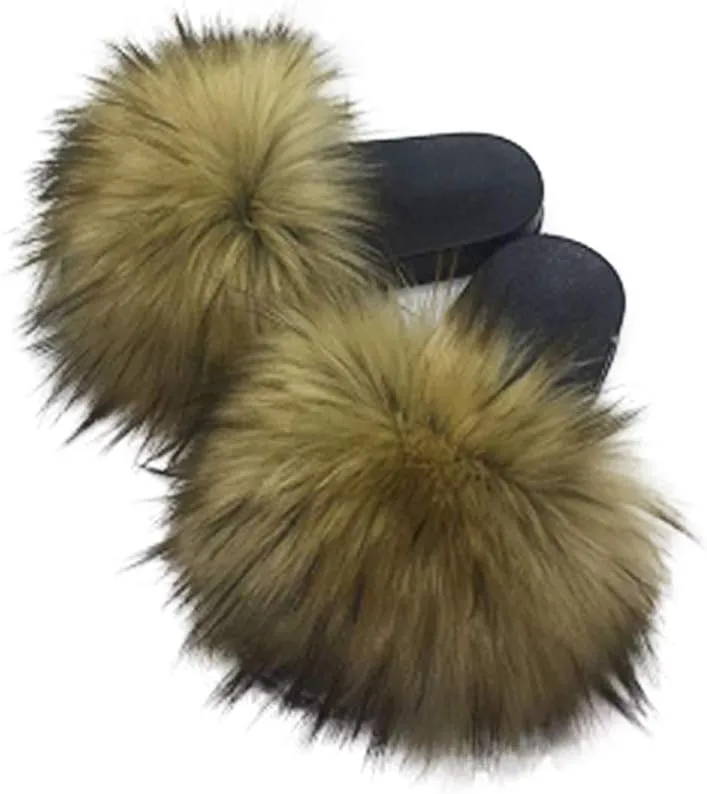 Women's Faux Fur Slides Slippers Fluffy Fuzzy Sandals Open Toe Furry Slide Flip Flop Indoor Outdoor