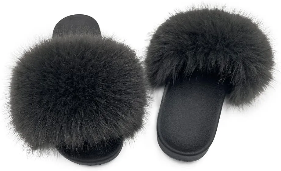 Women's Faux Fur Slides Slippers Fluffy Fuzzy Sandals Open Toe Furry Slide Flip Flop Indoor Outdoor