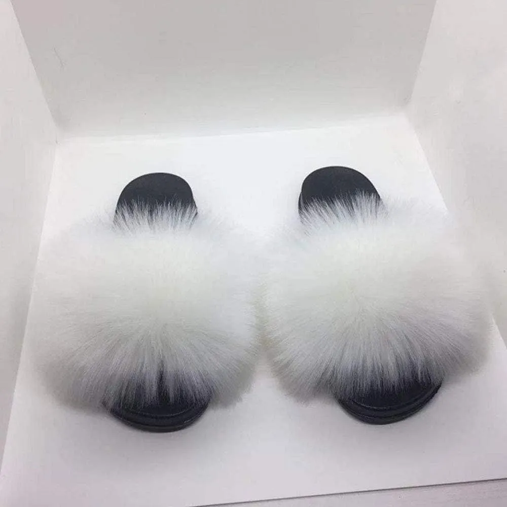 Women's Faux Fur Slides Slippers Fluffy Fuzzy Sandals Open Toe Furry Slide Flip Flop Indoor Outdoor