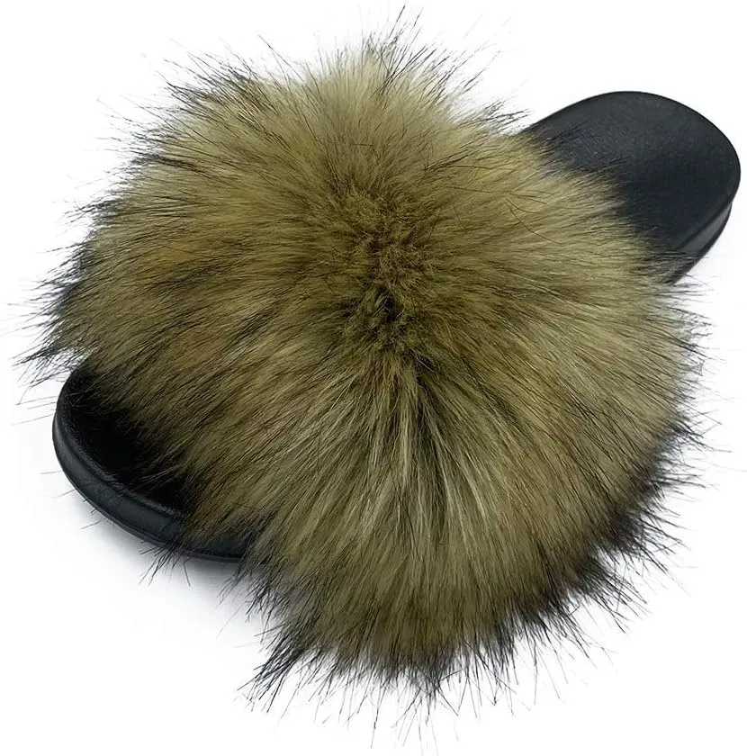 Women's Faux Fur Slides Slippers Fluffy Fuzzy Sandals Open Toe Furry Slide Flip Flop Indoor Outdoor