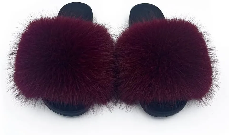 Women's Faux Fur Slides Slippers Fluffy Fuzzy Sandals Open Toe Furry Slide Flip Flop Indoor Outdoor
