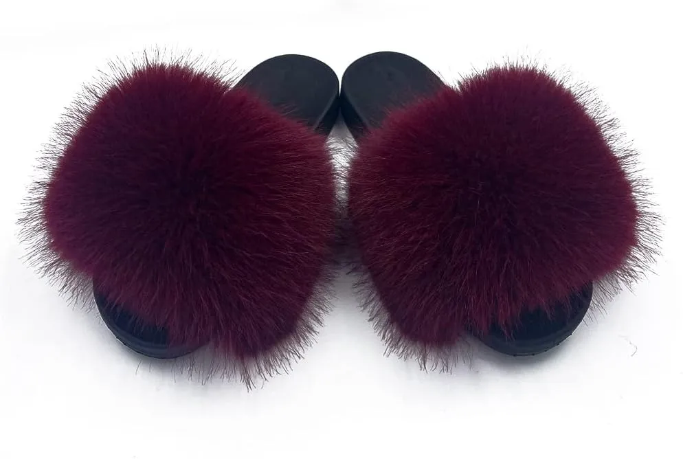 Women's Faux Fur Slides Slippers Fluffy Fuzzy Sandals Open Toe Furry Slide Flip Flop Indoor Outdoor