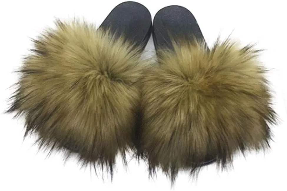 Women's Faux Fur Slides Slippers Fluffy Fuzzy Sandals Open Toe Furry Slide Flip Flop Indoor Outdoor