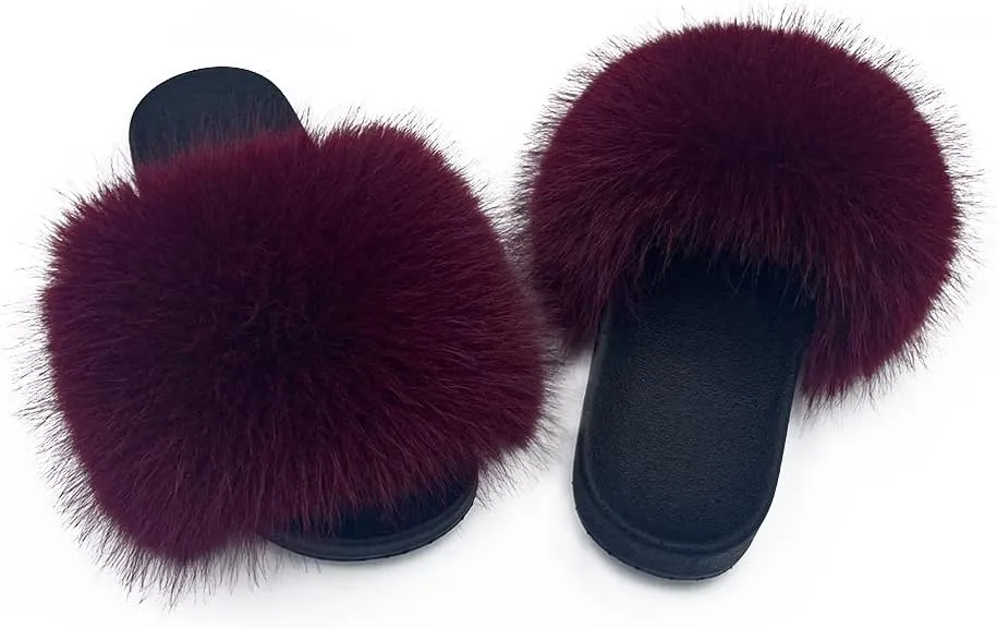 Women's Faux Fur Slides Slippers Fluffy Fuzzy Sandals Open Toe Furry Slide Flip Flop Indoor Outdoor