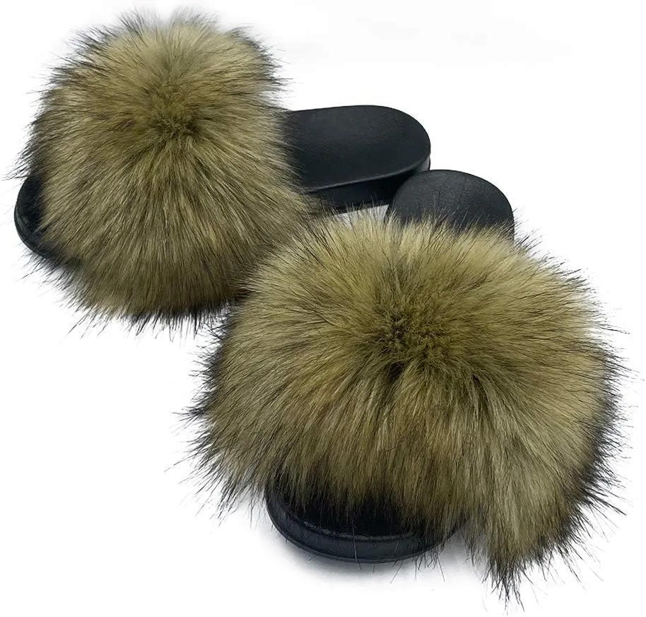 Women's Faux Fur Slides Slippers Fluffy Fuzzy Sandals Open Toe Furry Slide Flip Flop Indoor Outdoor