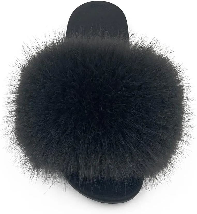 Women's Faux Fur Slides Slippers Fluffy Fuzzy Sandals Open Toe Furry Slide Flip Flop Indoor Outdoor