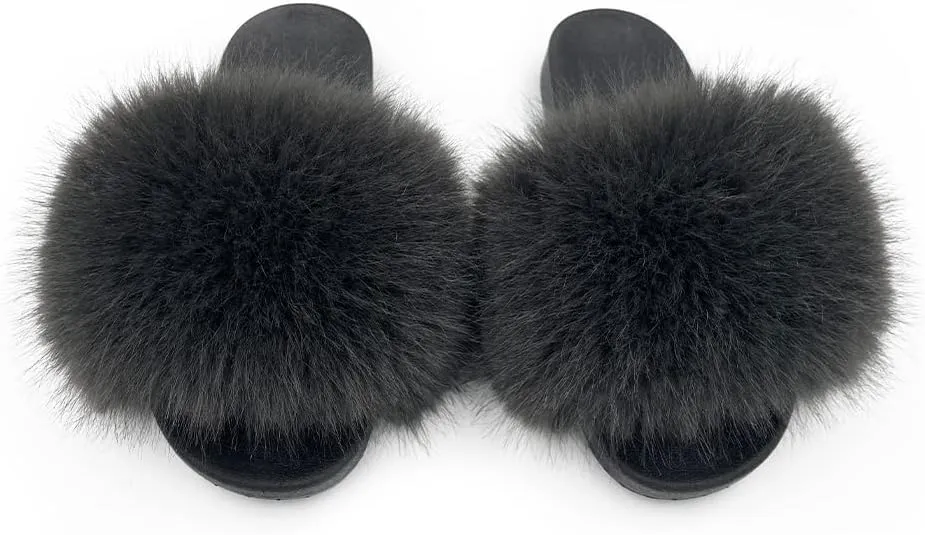 Women's Faux Fur Slides Slippers Fluffy Fuzzy Sandals Open Toe Furry Slide Flip Flop Indoor Outdoor