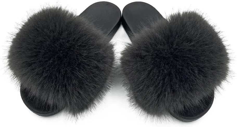 Women's Faux Fur Slides Slippers Fluffy Fuzzy Sandals Open Toe Furry Slide Flip Flop Indoor Outdoor