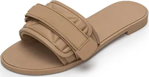 Women's Flat Sandals Adjustable Strap Summer Comfort Leather Slip on Slide Sandals