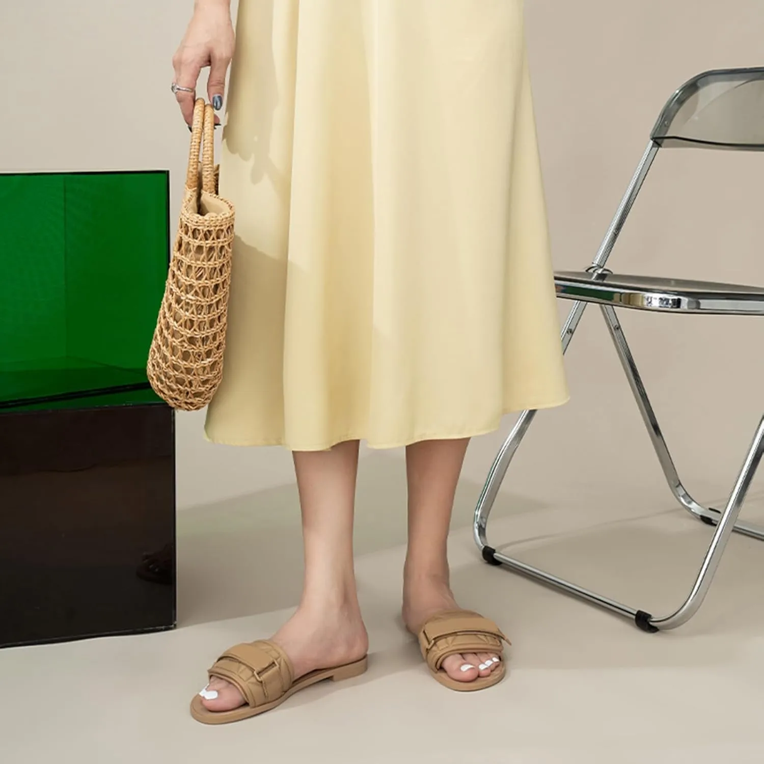 Women's Flat Sandals Adjustable Strap Summer Comfort Leather Slip on Slide Sandals