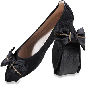 Women's Flats, Foldable Ballet Flats for Women, Fashion Bow Tie Pionted Toe Comfort Lightweight Slip-On Dress Shoes