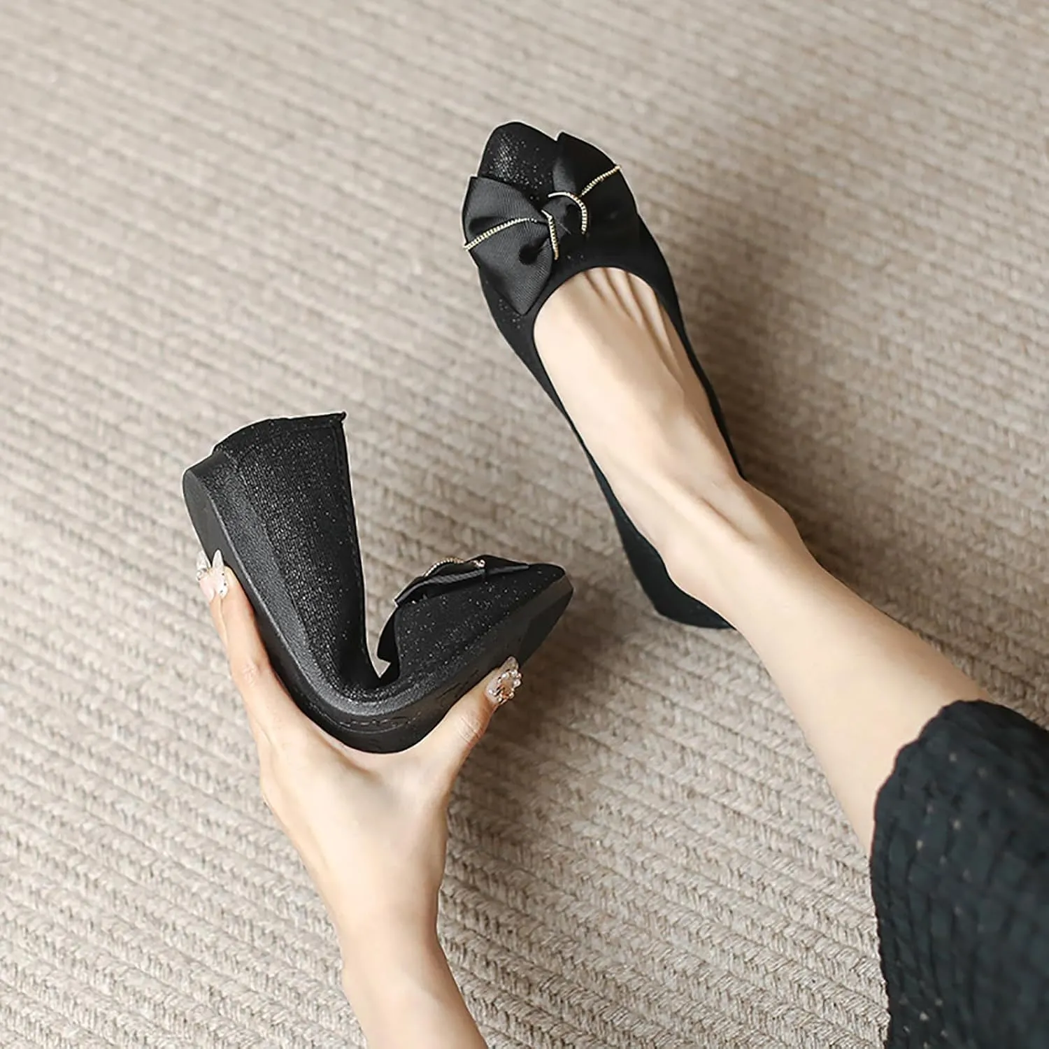 Women's Flats, Foldable Ballet Flats for Women, Fashion Bow Tie Pionted Toe Comfort Lightweight Slip-On Dress Shoes