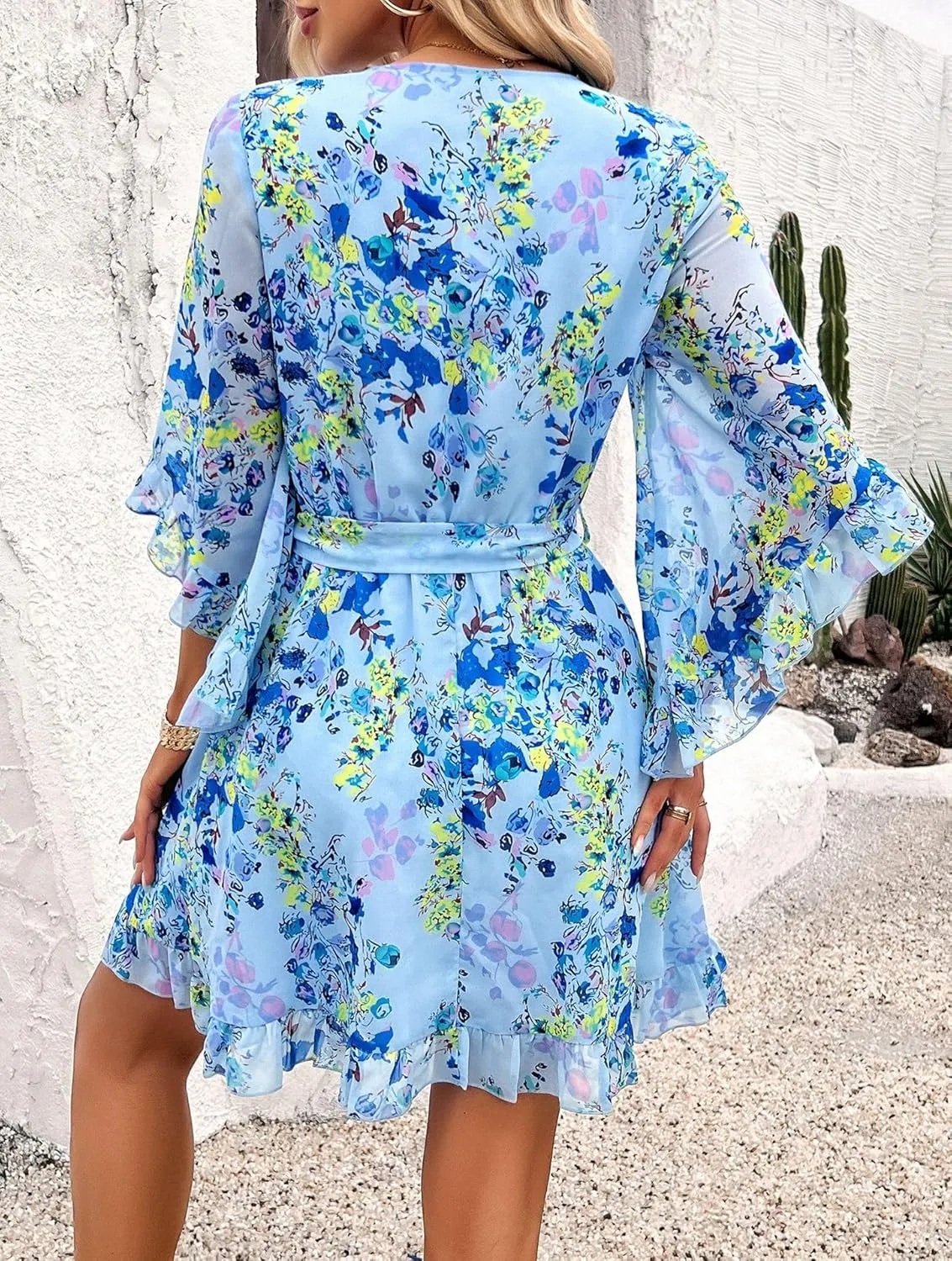 Women's Floral Chiffon Sundress V Neck Waist Tie Flared Sleeve Lotus Leaf Hem Boho Midi Dresses Flowy A-Line Mini Dress
