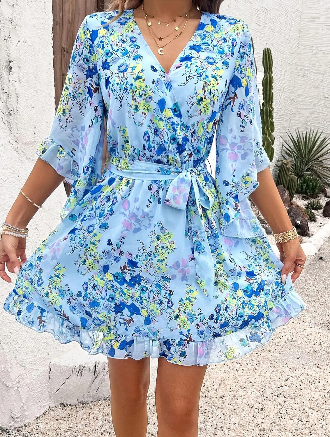 Women's Floral Chiffon Sundress V Neck Waist Tie Flared Sleeve Lotus Leaf Hem Boho Midi Dresses Flowy A-Line Mini Dress