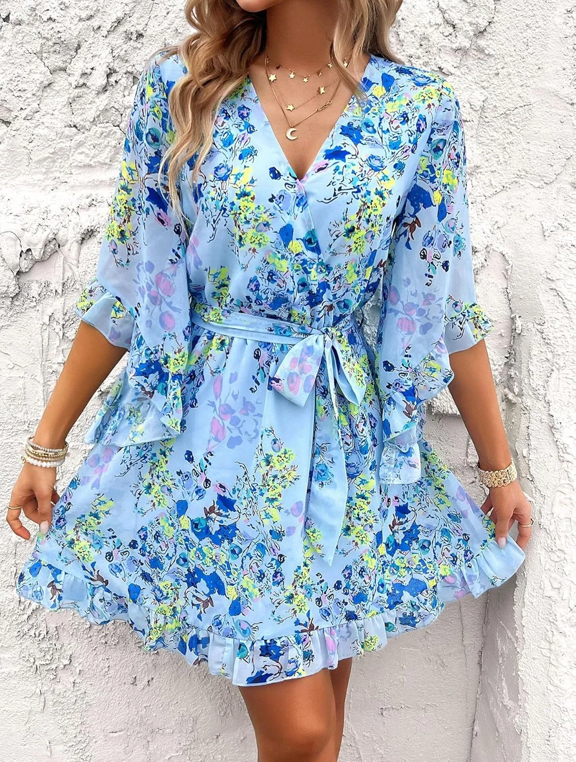 Women's Floral Chiffon Sundress V Neck Waist Tie Flared Sleeve Lotus Leaf Hem Boho Midi Dresses Flowy A-Line Mini Dress
