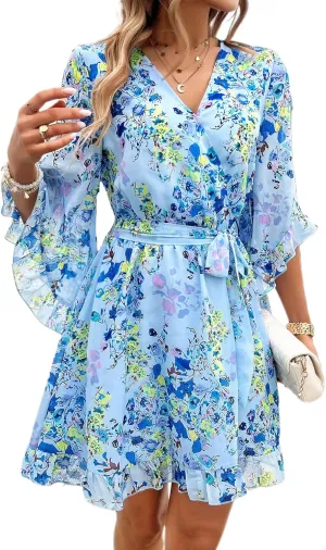 Women's Floral Chiffon Sundress V Neck Waist Tie Flared Sleeve Lotus Leaf Hem Boho Midi Dresses Flowy A-Line Mini Dress