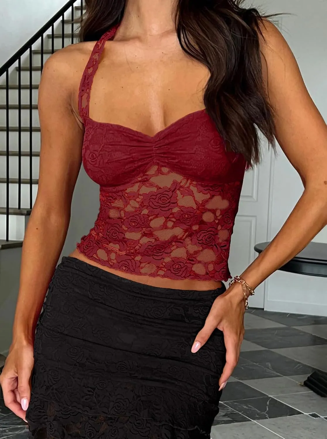 Women's Floral Lace Halter Top Mesh See Through Sleeveless Tie Back Summer Crop Tops Going Out Outfits