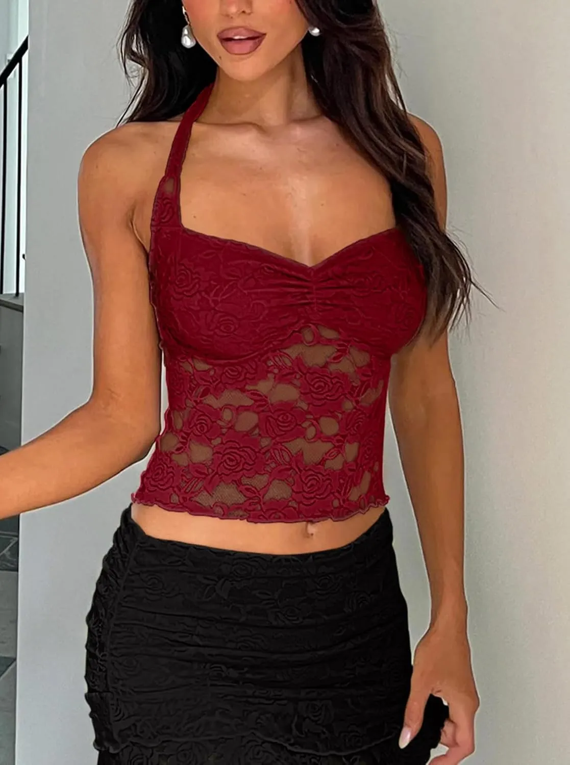 Women's Floral Lace Halter Top Mesh See Through Sleeveless Tie Back Summer Crop Tops Going Out Outfits