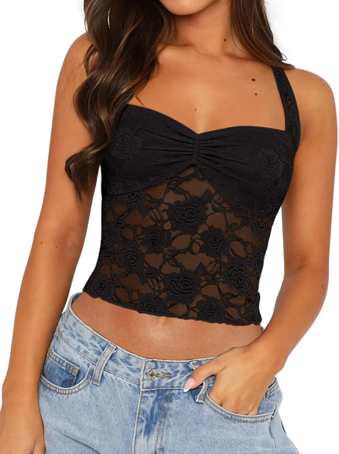 Women's Floral Lace Halter Top Mesh See Through Sleeveless Tie Back Summer Crop Tops Going Out Outfits