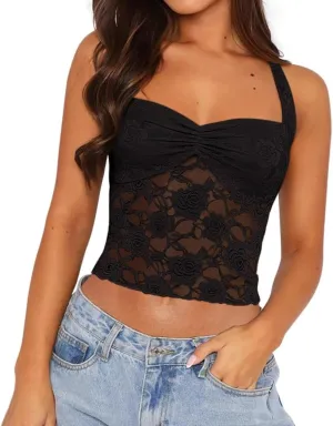 Women's Floral Lace Halter Top Mesh See Through Sleeveless Tie Back Summer Crop Tops Going Out Outfits