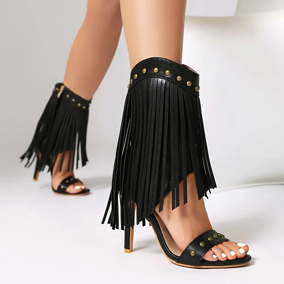 Women's Fringed High Heels Side Zipper Ankle Sandal Boots Studded Heeled Sandals