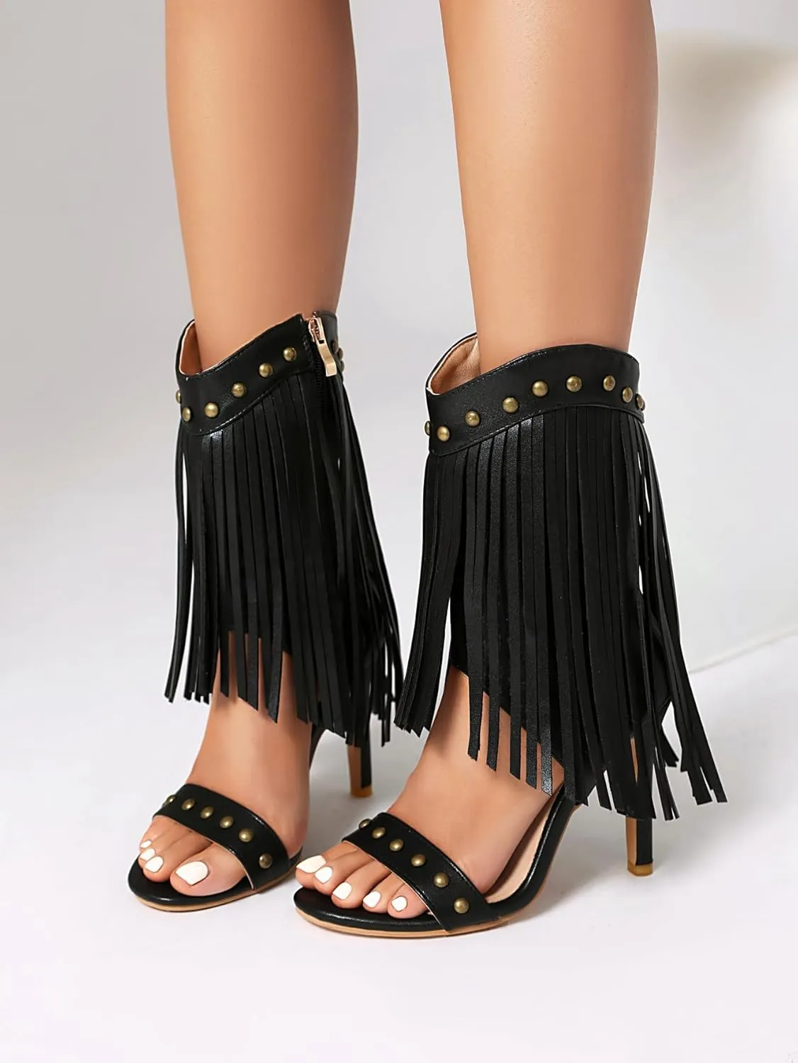 Women's Fringed High Heels Side Zipper Ankle Sandal Boots Studded Heeled Sandals