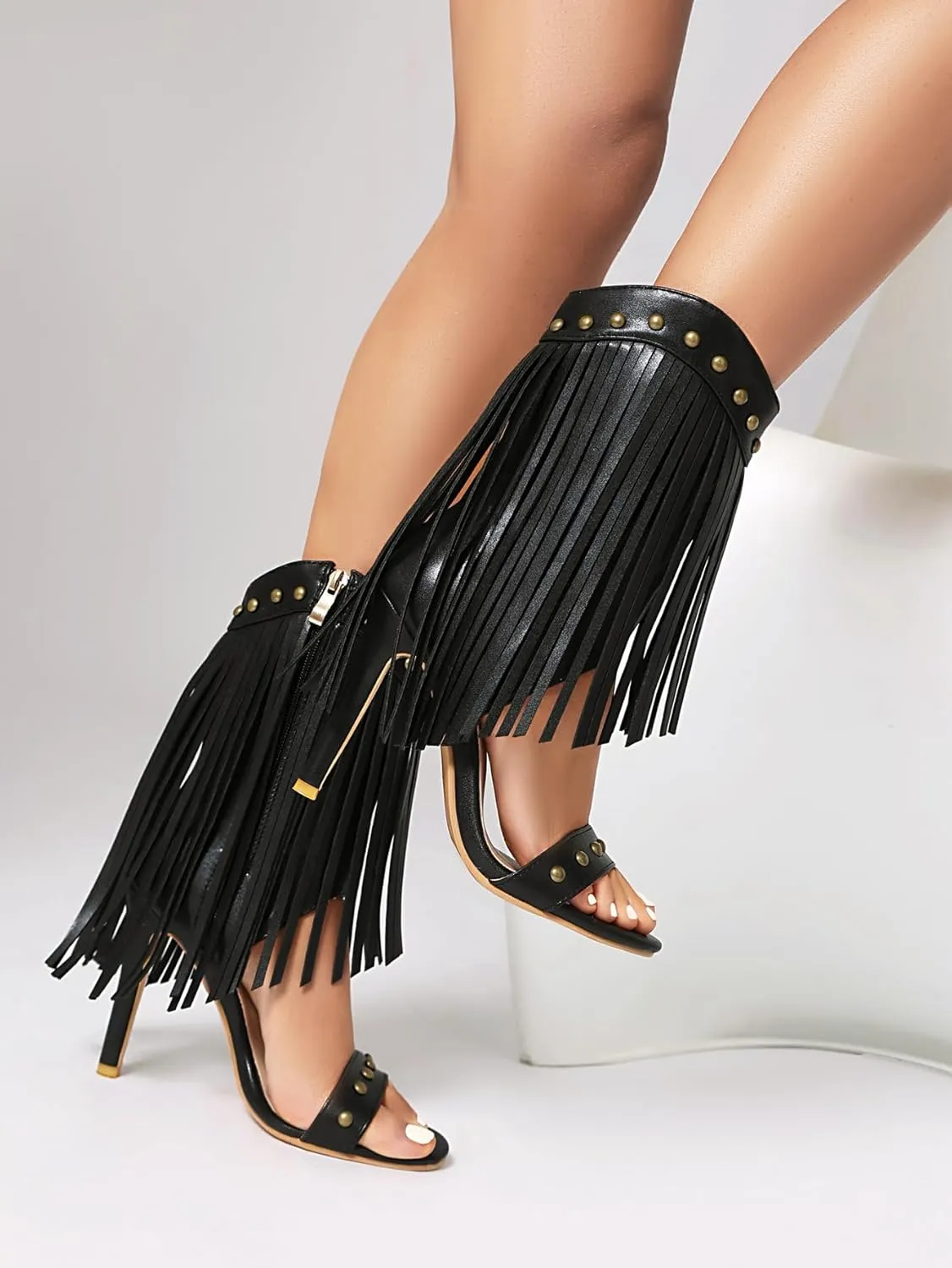 Women's Fringed High Heels Side Zipper Ankle Sandal Boots Studded Heeled Sandals