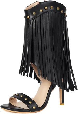 Women's Fringed High Heels Side Zipper Ankle Sandal Boots Studded Heeled Sandals